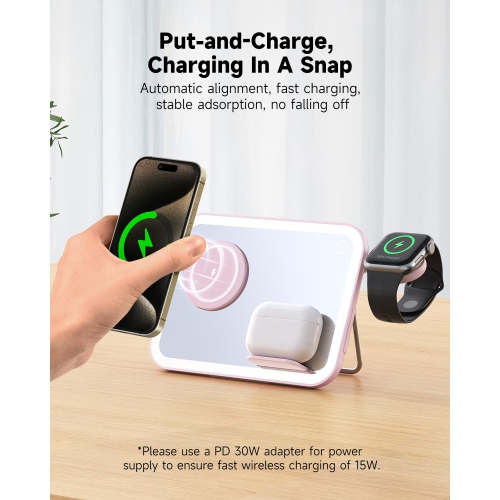 3 in 1 Mirror Foldable Charging Station for Apple Products, Fast Wireless Charger Travel Dock Adapter&Light Compatible with iPhone Series
