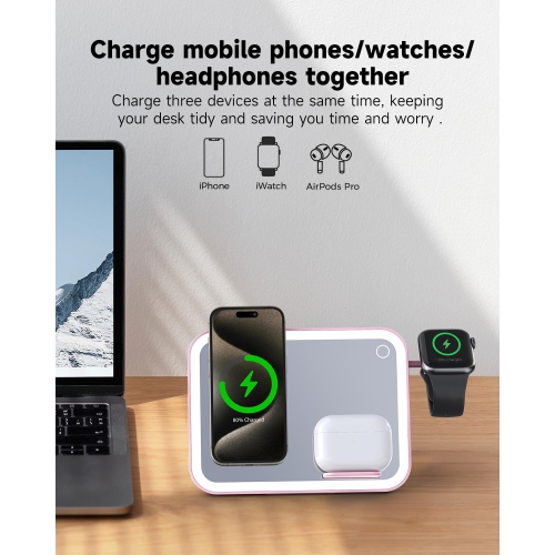 3 in 1 Mirror Foldable Charging Station for Apple Products, Fast Wireless Charger Travel Dock Adapter&Light Compatible with iPhone Series