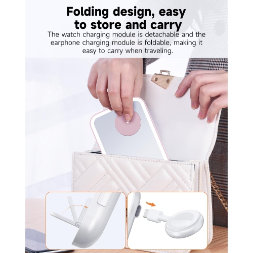 3 in 1 Mirror Foldable Charging Station for Apple Products, Fast Wireless Charger Travel Dock Adapter&Light Compatible with iPhone Series
