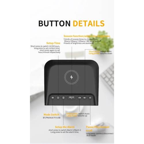 Large screen wireless charging speaker large screen clock alarm clock Bluetooth audio desktop multi-function wireless speaker 15w-black