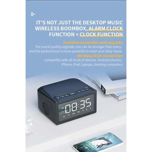 Large screen wireless charging speaker large screen clock alarm clock Bluetooth audio desktop multi-function wireless speaker 15w-black