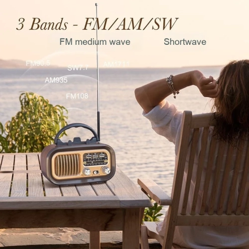 Solar Radio Speaker Wireless Phone Holder Convenient Radio FM Subwoofer Retro Bluetooth Speaker - Brown
