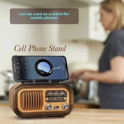 Solar Radio Speaker Wireless Phone Holder Convenient Radio FM Subwoofer Retro Bluetooth Speaker - Brown