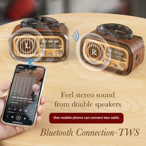 Solar Radio Speaker Wireless Phone Holder Convenient Radio FM Subwoofer Retro Bluetooth Speaker - Brown