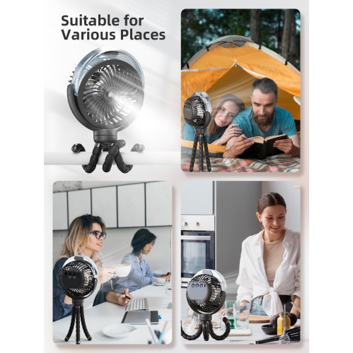Spray Stroller Fan, USB Rechargeable Portable Octopus Fan with Light and 360° Rotation for Baby, Office, Travel, Treadmill, Outdoor