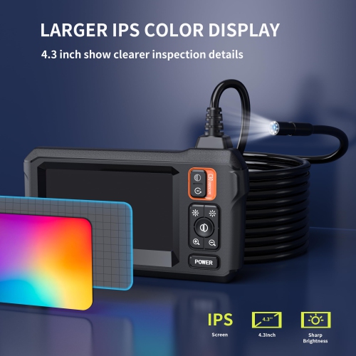Lighted Pipeline Endoscope Camera with 4.3" IPS Screen, 1080P HD Resolution, 8 LED Lights, 16.4ft Semi-Rigid Cable, IP67 Waterproof Sewer Tool