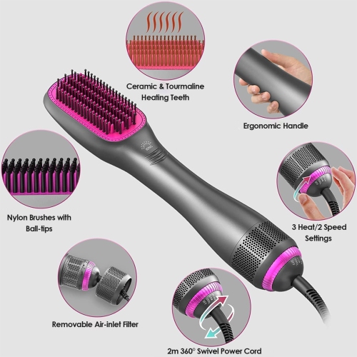 3 in 1 Hair Dryer Brush & Straightener Brush, Professional 1200W Powerful Ceramic Tourmaline Ionic Hot Air Brush One Step Hair Dryer