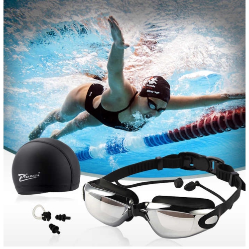 Lunettes de natation populaires pour adultes, casquettes de natation, pinces pour nez, bouchons d'oreille, lunettes de natation antibuée en silicone