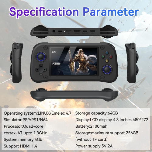 G28 Retro Game Console, 4.3 Inch HD Screen Built-in 128G TF Card Video Game Console, Plug and Play, PSP Handheld Game Console Supports Multiple