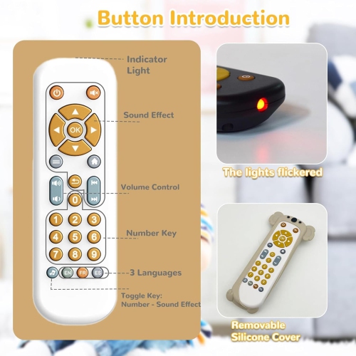 Baby Safe TV Remote Control Toy with Multi-Language Learning Function - Realistic Design, Soft Silicone Shell, Baby Sensory Toy with Multi-Shape