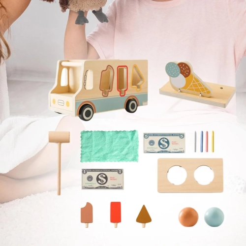 Wooden Ice Cream Shop Playset - Role Play Toy for Kids that Boosts Creativity and Social Skills, Durable Wooden Toy Kitchen Accessories for Indoor