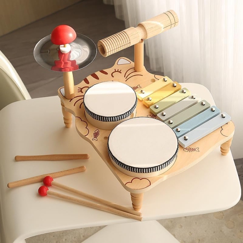 Wooden MusicalToy Set for Toddlers|Xylophone and Percussion Set for Kids with Mallets|Rhythm and Motor Skills Learning Toy | Kitten Music Station |