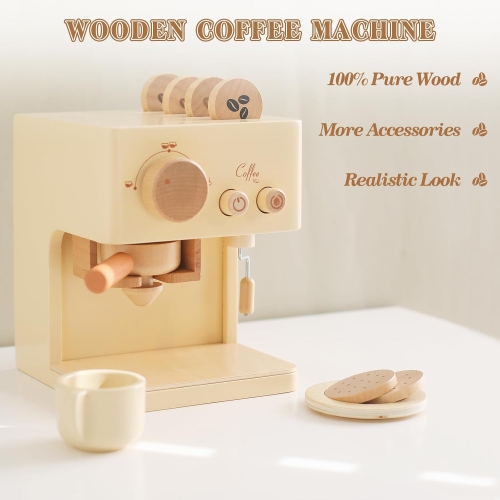 Wooden coffee maker toy set, | Realistic barista role play toy with grinding function and 10 accessories | Educational role play kitchen set |