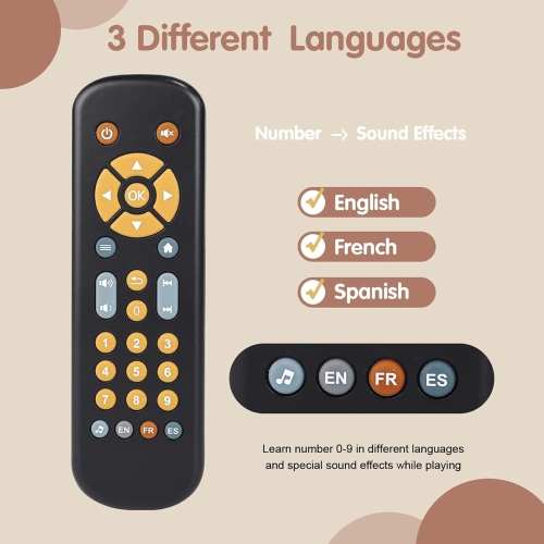 Black Baby Safe TV Remote Control Toy with Multi-Language Learning Function - Realistic Design, Soft Silicone Shell, Sensory Toy with Multi-Shape