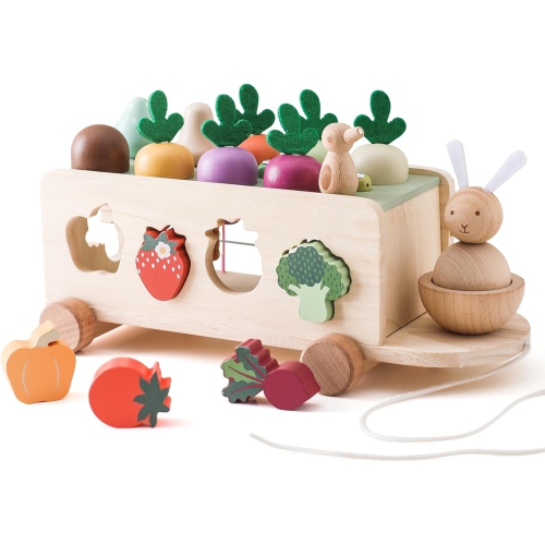 Wooden bungee cord carrot car toy set - educational building blocks for toddlers and kids, fun learning games, durable and safe, perfect gift for