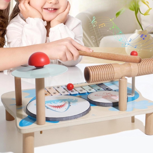 Whale themed drum set | Multifunctional musical toy with drum and cymbals | Wooden music learning set | Early childhood educational toys | Develop