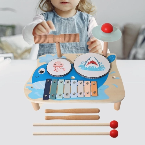 Whale themed drum set | Multifunctional musical toy with drum and cymbals | Wooden music learning set | Early childhood educational toys | Develop