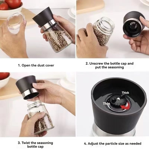 Mélangeur à épices réglable en acier inoxydable, moulin pour table de cuisine, corps en verre - Ensemble de 2 meules