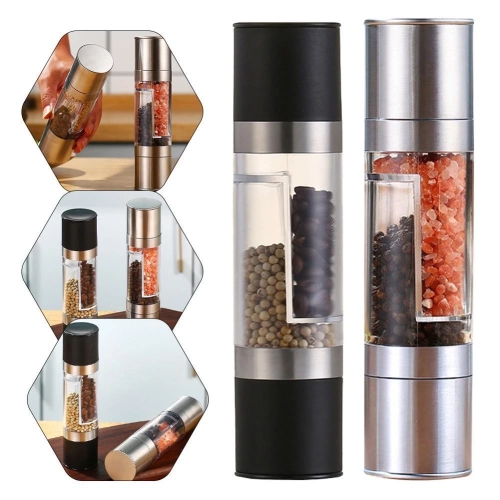 Moulin manuel à deux têtes, moulin manuel à double tête, bouteille d'épices en verre Grinder - noir