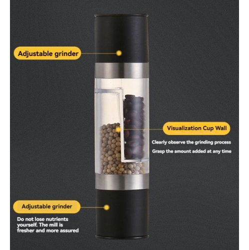 Moulin manuel à deux têtes, moulin manuel à double tête, bouteille d'épices en verre Grinder - noir