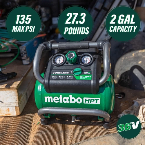 Metabo HPT 36V MultiVolt Cordless Air Compressor | Tool Only, No Battery | Brushless Motor | 135 Max PSI | 2-Gallon Capacity | 27.3 Lbs. | Optional