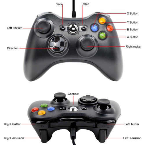 FOR XBOX360 wired game controller with vibration, suitable for PC, xbox360, game console - black