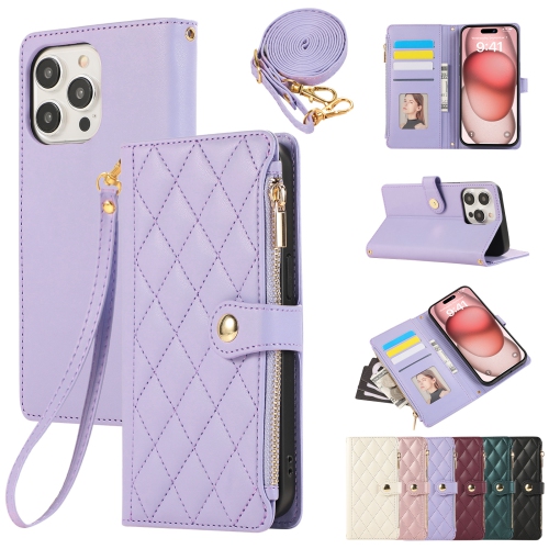 Applicable to iPhone16 Pro exquisite diamond lattice style zipper bag lady crossbody rope mobile phone case-purple + short hand rope + long lanyard