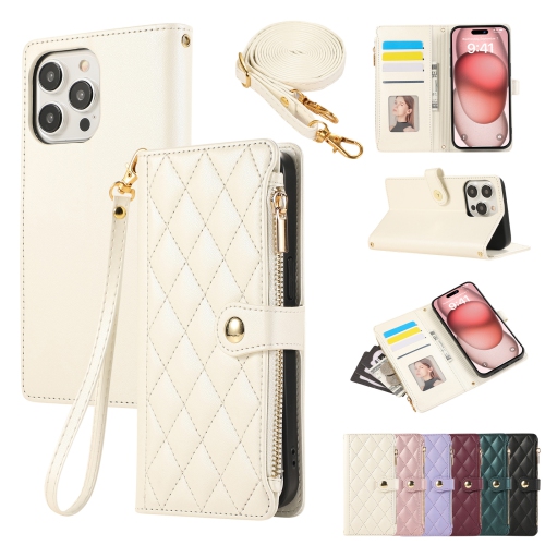THE WAY  Applicable to Iphone16Promax Exquisite Diamond Lattice Small Chanel Style Zipper Bag Lady Crossbody Rope Mobile Phone Case-Off-White + Short