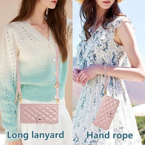 Applicable to iPhone16Pro exquisite diamond lattice style zipper bag lady crossbody rope mobile phone case-black + short hand rope + long lanyard