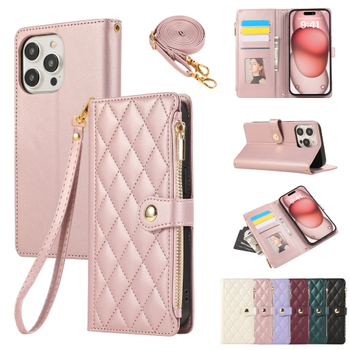 Suitable for iPhone 16 Pro Exquisite Diamond Zipper Bag Women's Crossbody Strap Phone Case - Rose Gold + Short Bracelet + Long Lanyard