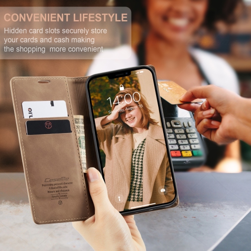 Convient pour iPhone 13 mois étui téléphone mobile étui à rabat cuir avec support, ventouse magnétique, anti-chute - brun