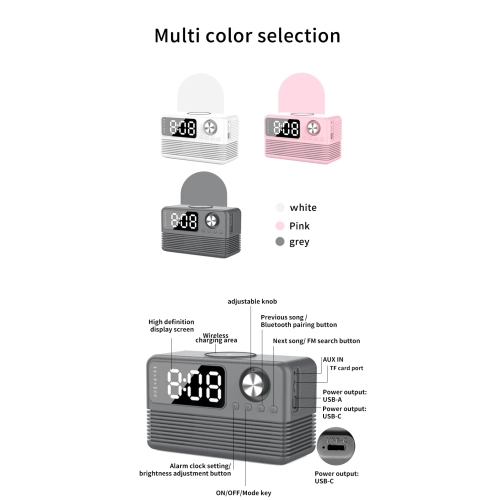 15W Fast Wireless Charger with Bluetooth Speaker and Alarm Clock Radio, 4 in 1 Wireless Charging Station for iPhone, Android Phones with FM Radio for