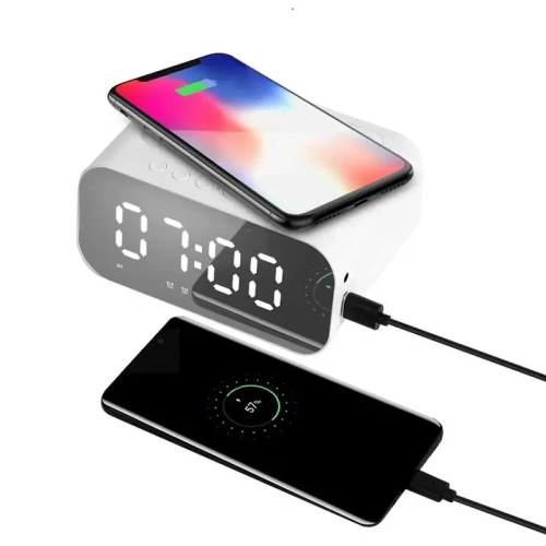 5-in-1 BT510 LED Clock Wireless Bluetooth Speaker Sunrise Alarm Clock with FM Radio Multi-function Desktop Wireless Charger - White