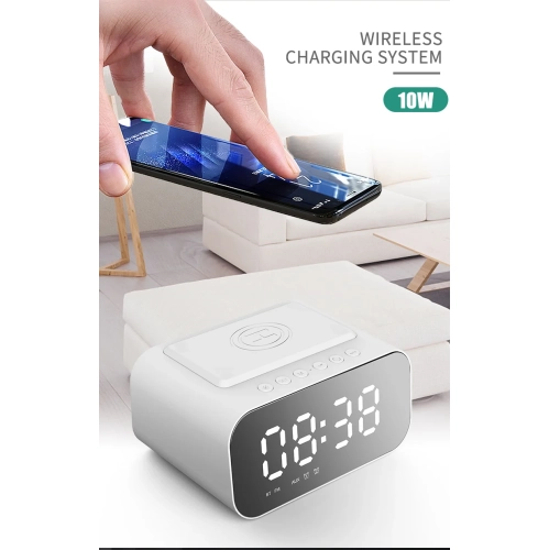 5-in-1 BT510 LED Clock Wireless Bluetooth Speaker Sunrise Alarm Clock with FM Radio Multi-function Desktop Wireless Charger - White