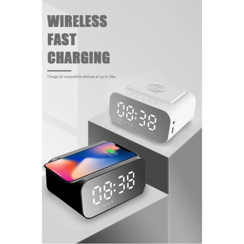 5-in-1 BT510 LED Clock Wireless Bluetooth Speaker Sunrise Alarm Clock with FM Radio Multi-function Desktop Wireless Charger - Black