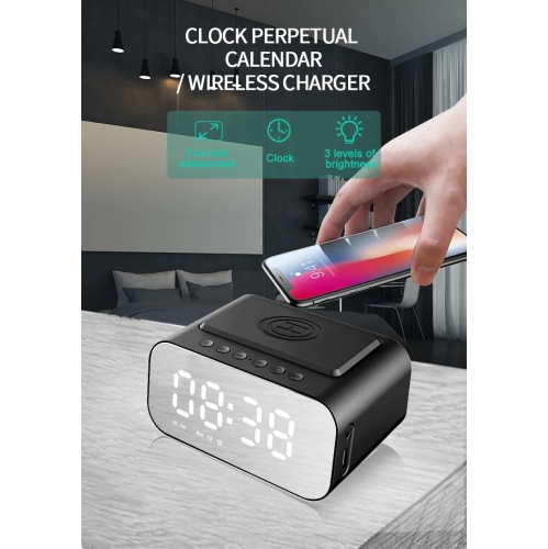 5-in-1 BT510 LED Clock Wireless Bluetooth Speaker Sunrise Alarm Clock with FM Radio Multi-function Desktop Wireless Charger - Black