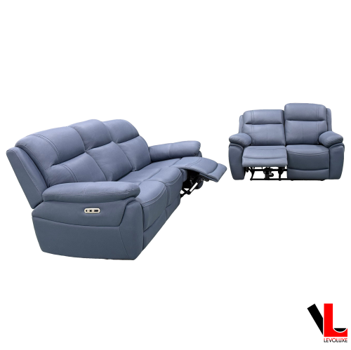 Levoluxe Regent 2 Piece Power Reclining Sofa and Loveseat with Power Headrests in Jaxxon Blue