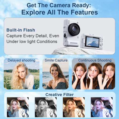 Digital camera CCD digital camera 2K digital camera 3-inch HD screen DX9 neutral home wide-angle, macro, rotating LCD screen, HD camera - white + 32G