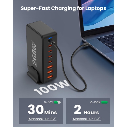 268W GaN Desktop Charger Multi-Port Desktop Charging Station Phone Tablet Charger 5C3A PD Fast Charging New Height, Single Port Support PD3.0 -