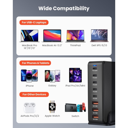 268W GaN Desktop Charger Multi-Port Desktop Charging Station Phone Tablet Charger 5C3A PD Fast Charging New Height, Single Port Support PD3.0 -