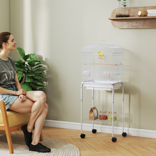 PawHut 49" Bird Cage for Finches, Canaries, Budgies, Parrot Cage with Accessories, Wheels, Detachable Stand, Storage, White