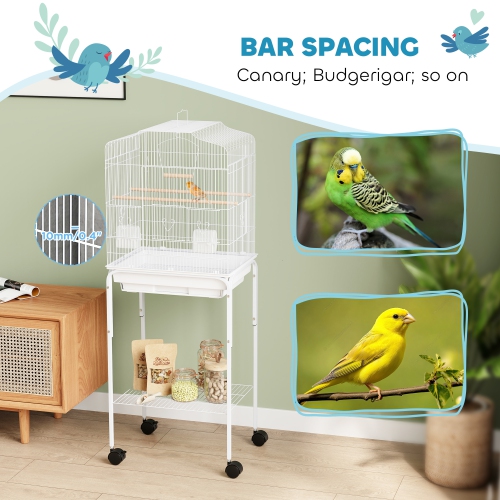 PawHut 49" Bird Cage for Finches, Canaries, Budgies, Parrot Cage with Accessories, Wheels, Detachable Stand, Storage, White