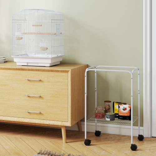 PawHut 49" Bird Cage for Finches, Canaries, Budgies, Parrot Cage with Accessories, Wheels, Detachable Stand, Storage, White