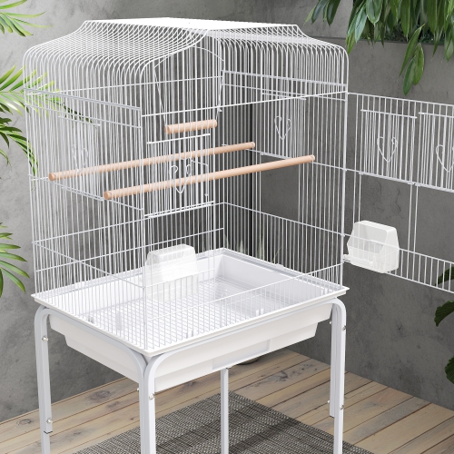 PawHut 49" Bird Cage for Finches, Canaries, Budgies, Parrot Cage with Accessories, Wheels, Detachable Stand, Storage, White