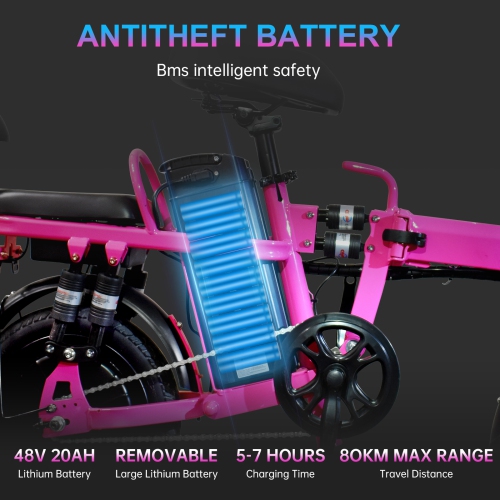 ZACHVO Foldable Electric Bicycle, 500W Peak Motor 45 Miles 80KM MAX Range, Upgraded E-bike with Front Basket, Phone Holder and Digital Display - Pink