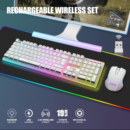RedThunder K10 Wireless Gaming Keyboard and Mouse Combo, LED Backlit Rechargeable 3800mAh Battery, Mechanical Feel Anti-ghosting Keyboard