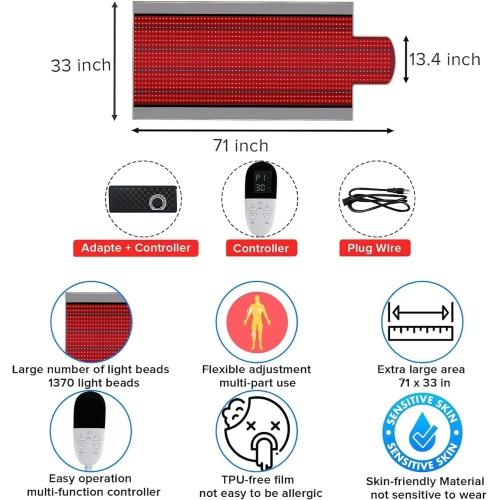 71" x 31" Red Light Therapy Blanket – 1370 LED Full-Body Mat with 660nm Near-Infrared, Multifunctional Controller & Timer, Accelerates Cell