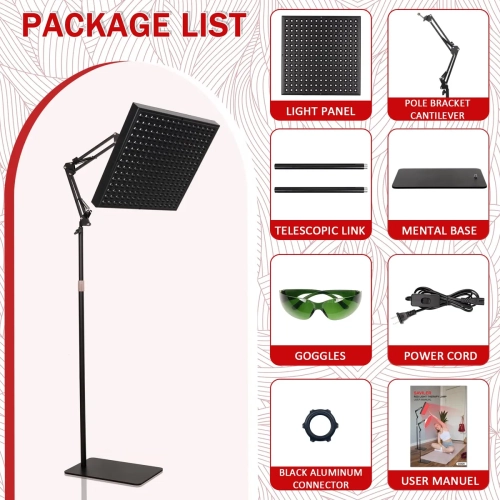 Red Light Therapy Panel – 225 LEDs, 45W Full-Body Device with Adjustable Stand, Pain Relief & Skin Rejuvenation, 31×31 cm, Black, Home Use Black