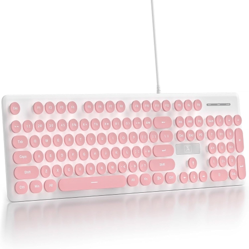 FOGRUADEN  Wired Retro Typewriter Keyboard, Quiet Full Size Membrane Keyboard Light Up Cute Computer Keyboards In Pink