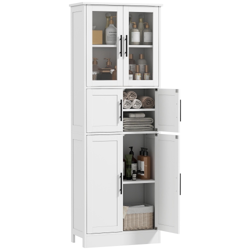 HOMCOM 67" Tall Bathroom Storage Cabinet, Modern Freestanding 6-Tier Bathroom Cabinet with Glass Doors and Adjustable Shelves, White